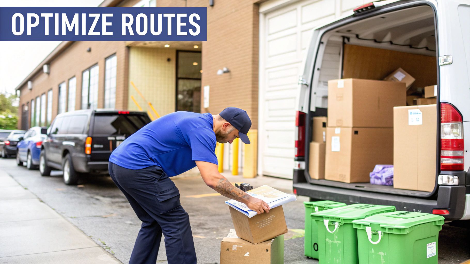 A delivery worker loads packages from cardboard boxes into the back of a delivery van.