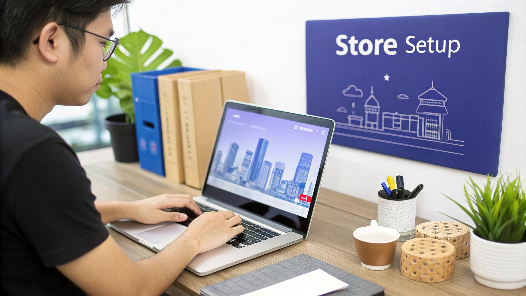 A man setting up an online store on a laptop, with a &lsquo;Store Setup&rsquo; sign in the background.