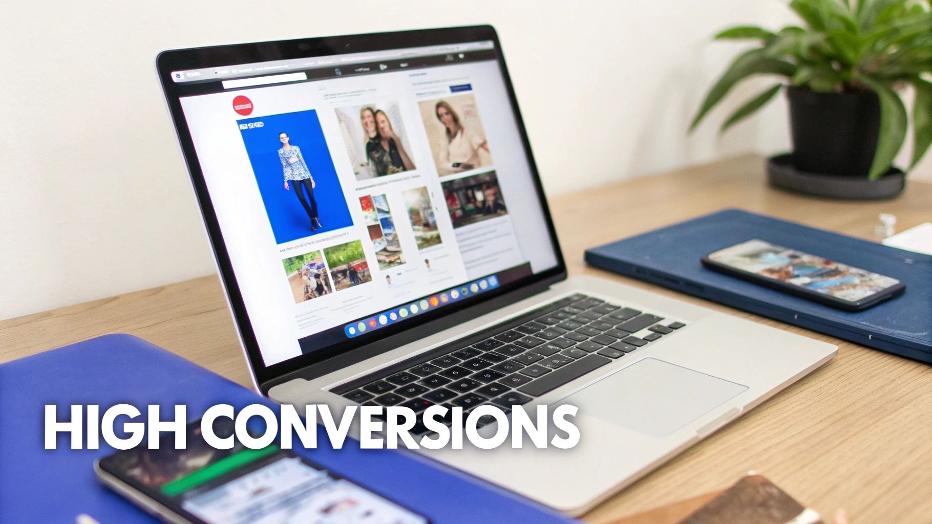 A laptop displaying an e-commerce website with clothing, two smartphones, and a plant on a desk.