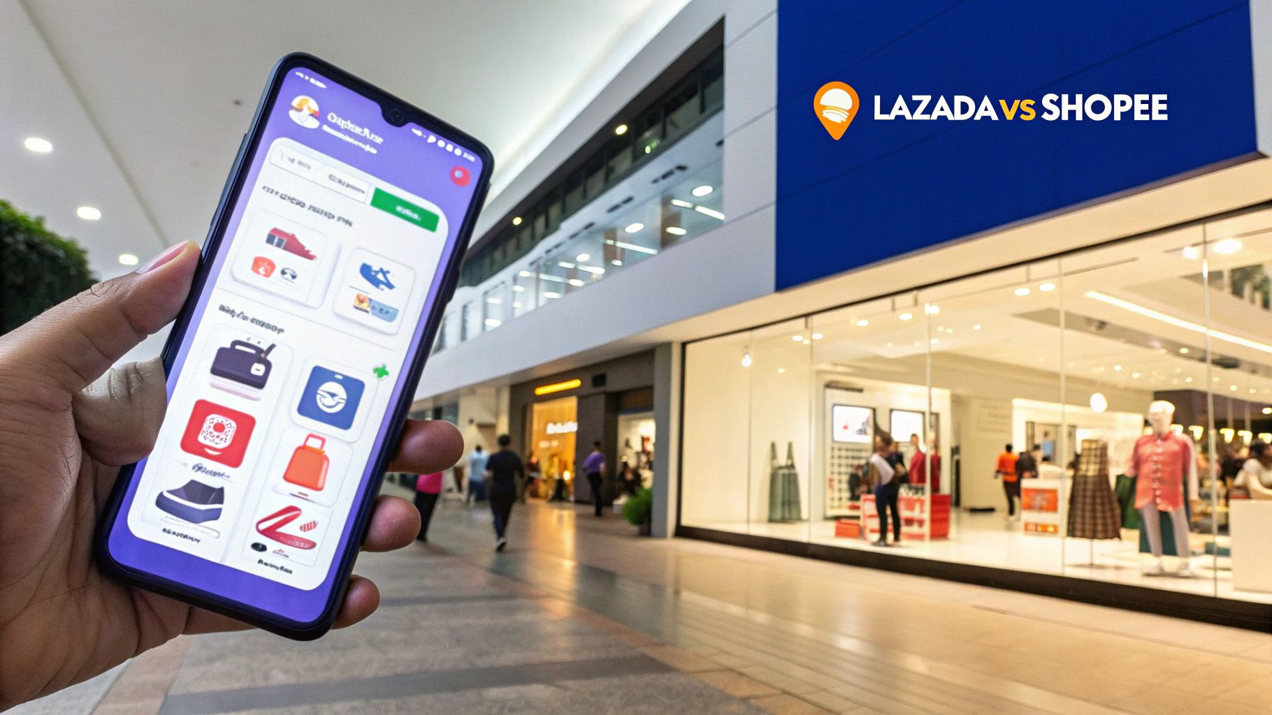 A hand holds a smartphone displaying an &lsquo;e-commerce&rsquo; app in a shopping mall with &lsquo;Lazada vs Shopee&rsquo; branding.