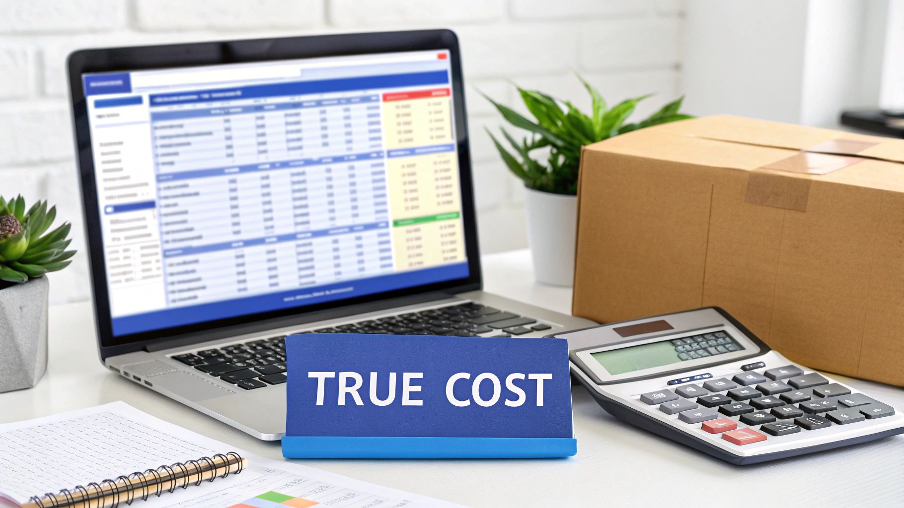 A desk with a laptop displaying a spreadsheet, calculator, box, and a &lsquo;TRUE COST&rsquo; sign.