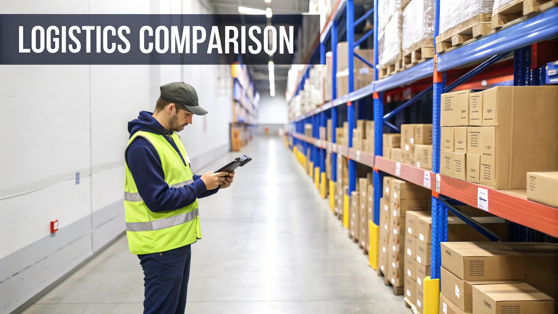 Warehouse worker in a high-visibility vest scanning boxes on shelves, representing logistics operations.