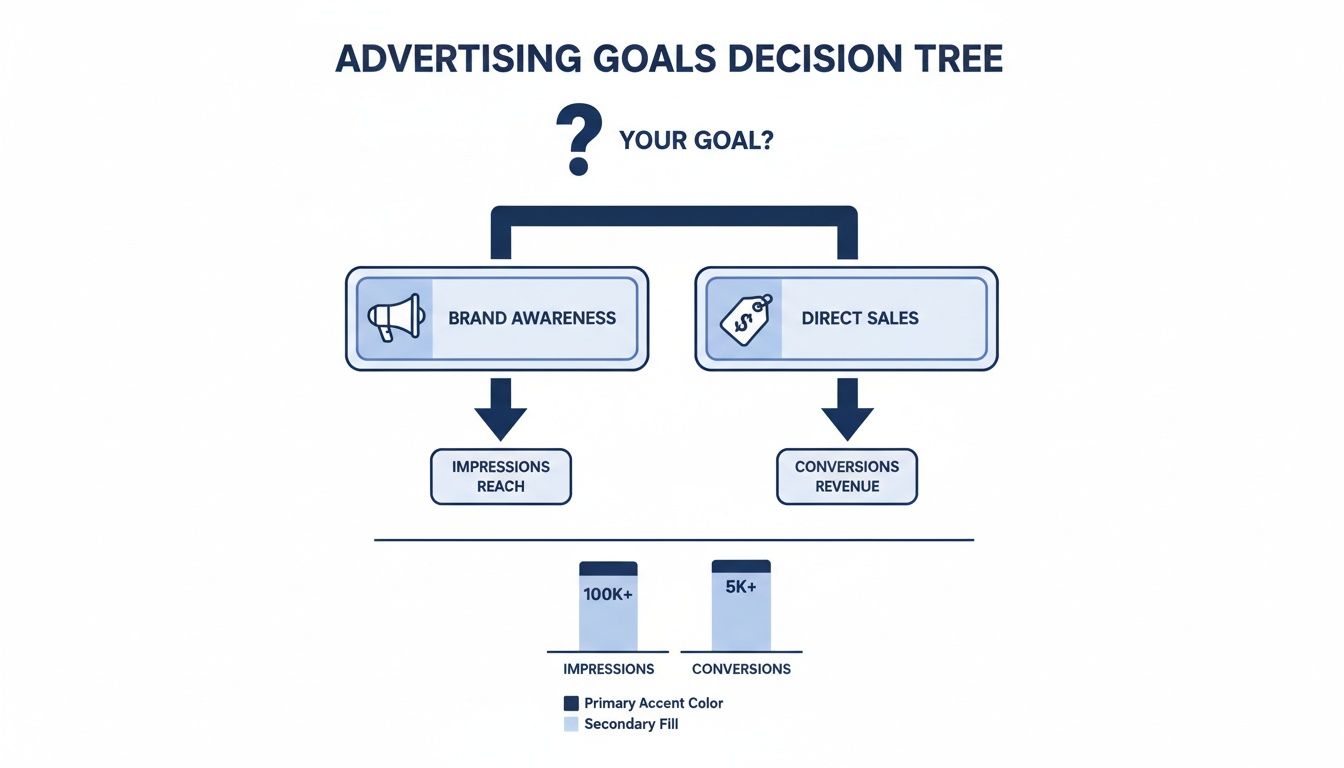 Advertising goals decision tree showing paths for brand awareness (impressions) and direct sales (conversions) with performance targets.