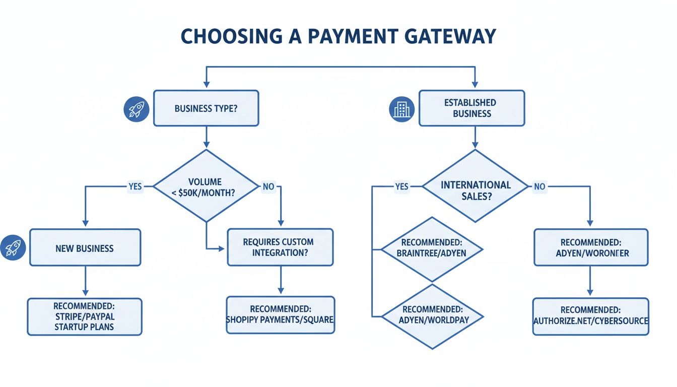 Flowchart outlining steps to choose a payment gateway based on business type, volume, and international sales.