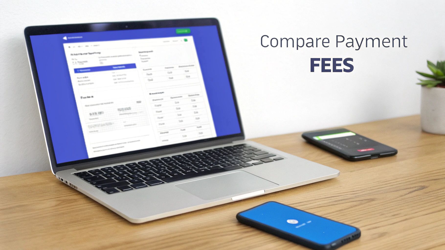 Laptop on a wooden desk displaying payment fees, with two smartphones and text &lsquo;Compare Payment FEES&rsquo;.