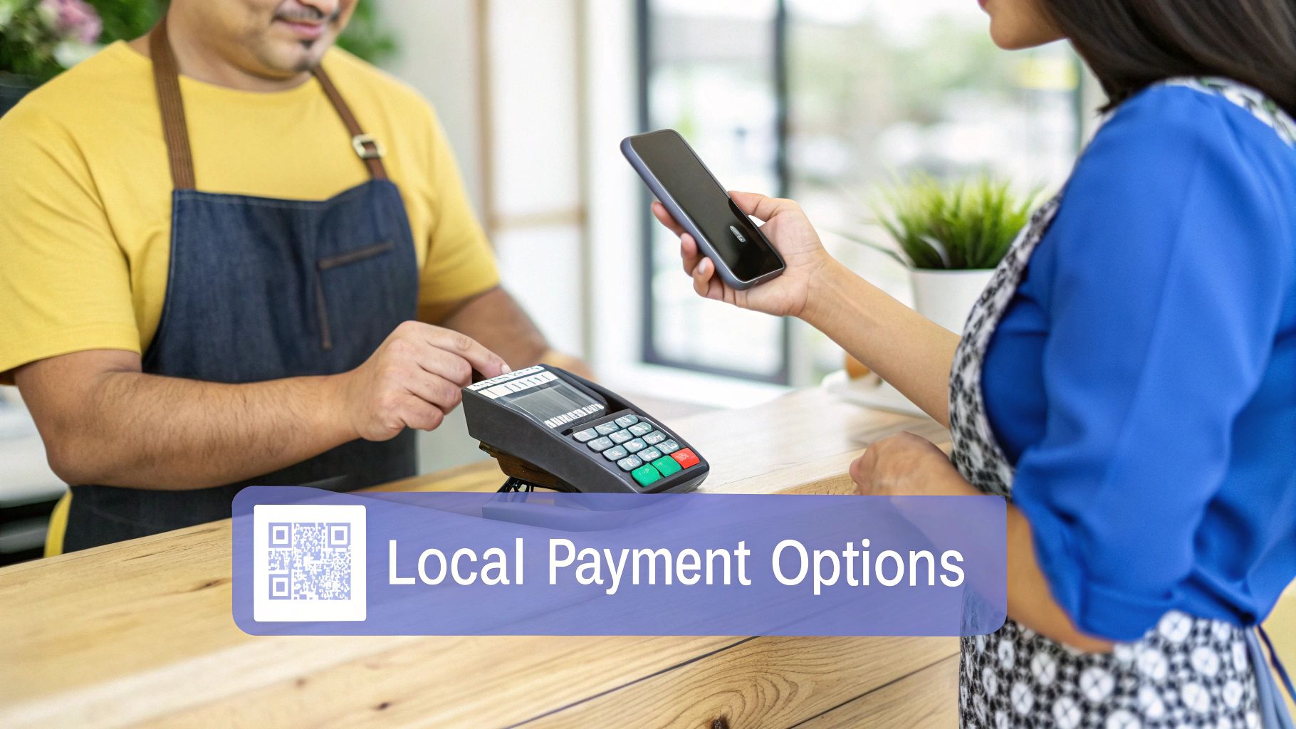 Customer uses smartphone for contactless payment at a store with a cashier and payment terminal.