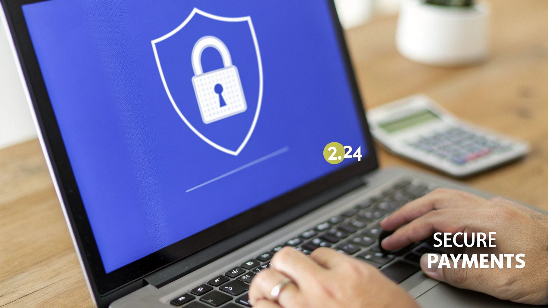 Hands typing on a laptop with a security shield and padlock icon, emphasizing secure payments.