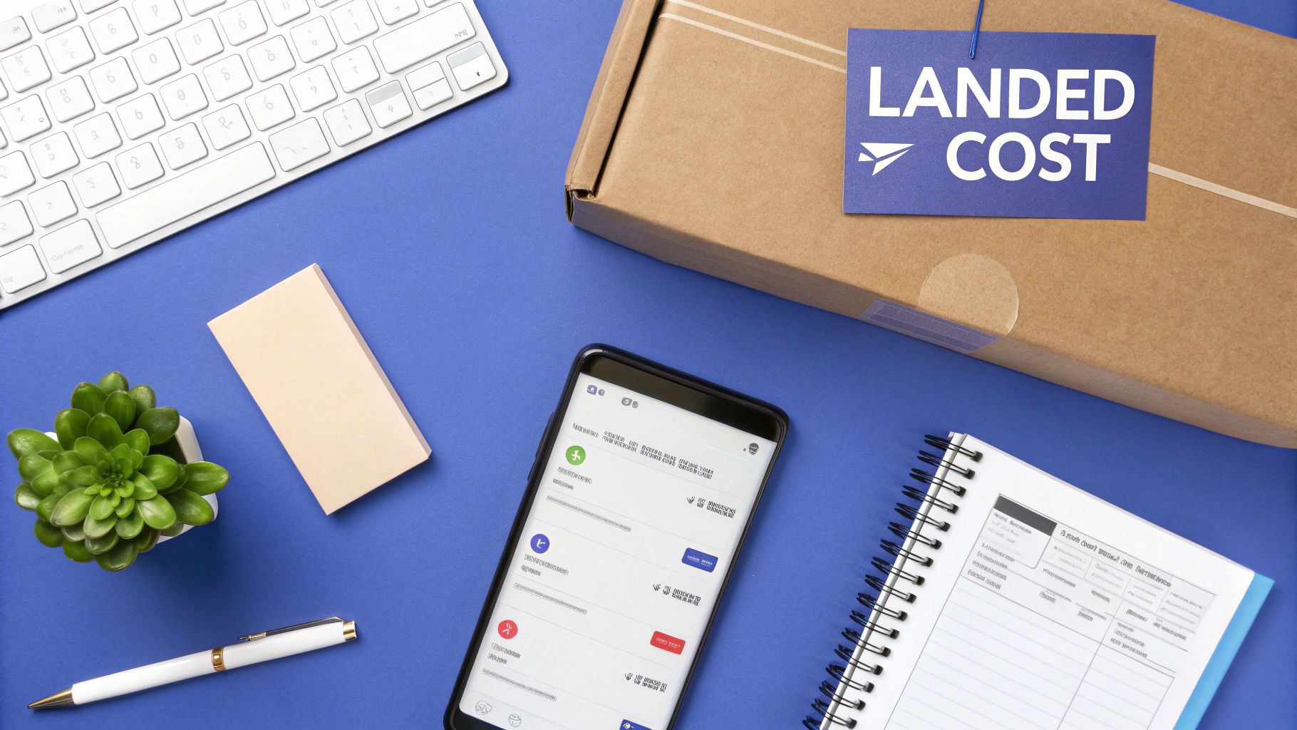 Flat lay of a desk with a ‘LANDED COST’ box, smartphone, keyboard, notebook, and succulent plant.