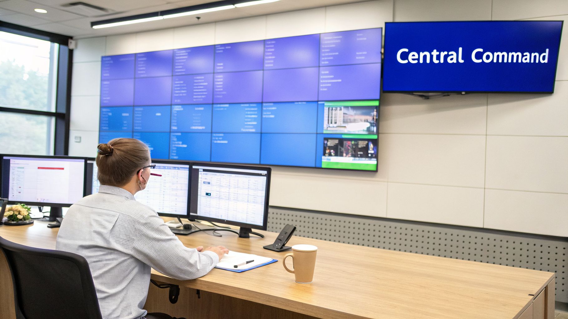 A person monitors multiple computer screens and a large &ldquo;Central Command&rdquo; display in a modern control room.