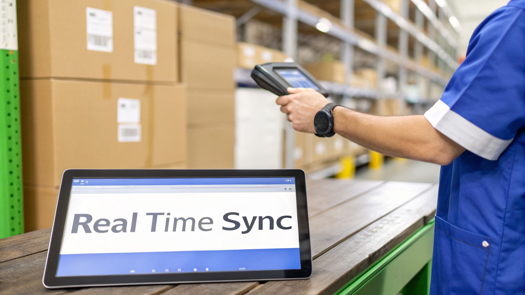A warehouse worker uses a barcode scanner, with a tablet displaying &lsquo;Real Time Sync&rsquo; for inventory.