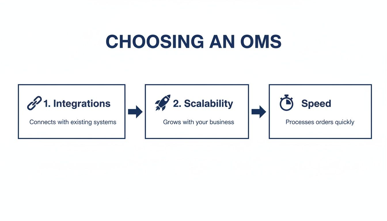 A diagram outlining key factors for choosing an Order Management System: Integrations, Scalability, and Speed.