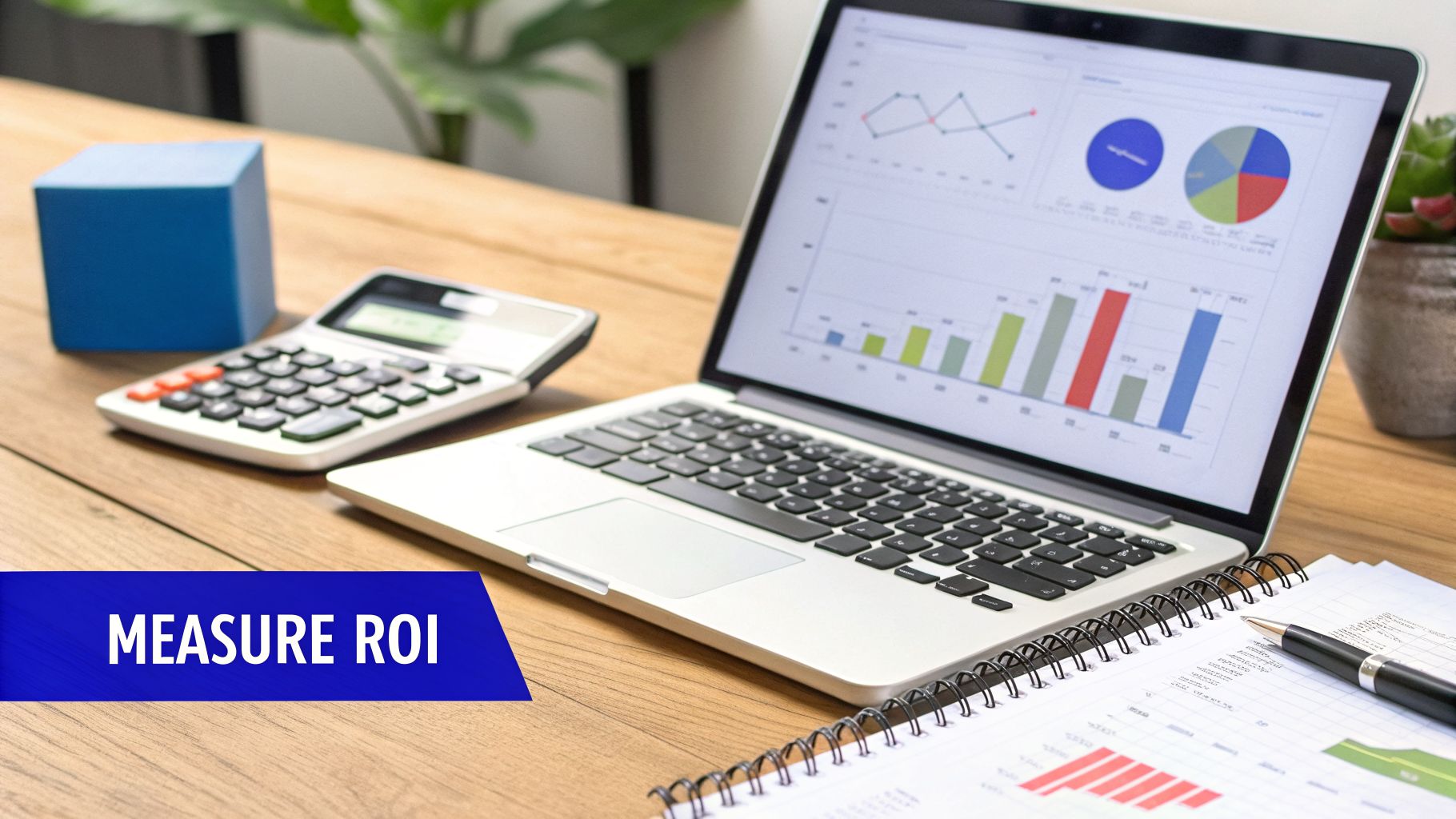 A desk with a laptop showing ROI charts, a calculator, and a notebook for financial analysis.