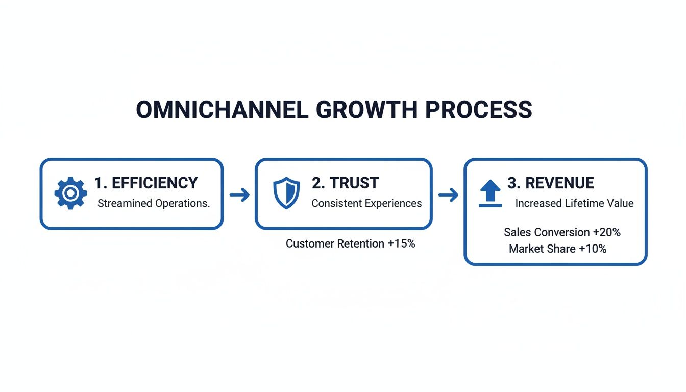 Diagram illustrating the omnichannel growth process, from efficiency to trust, leading to increased revenue.