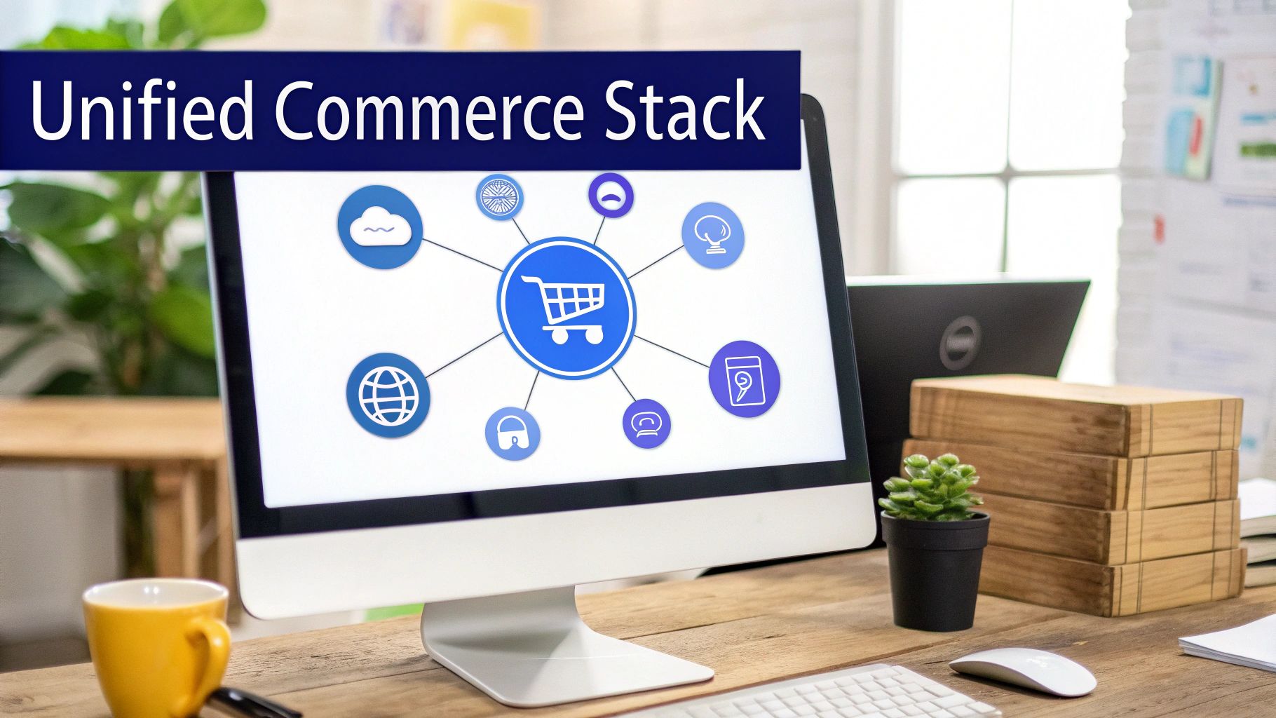 A computer screen displays a unified commerce stack diagram with a shopping cart icon connected to various retail technology icons.