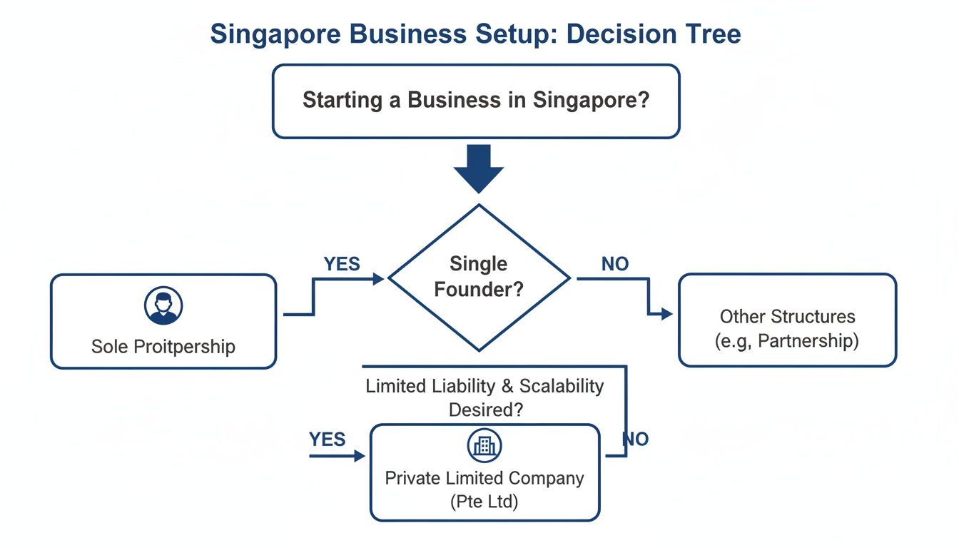Decision tree for Singapore business setup, guiding choices between Sole Proprietorship, Private Limited Company, or Other Structures.