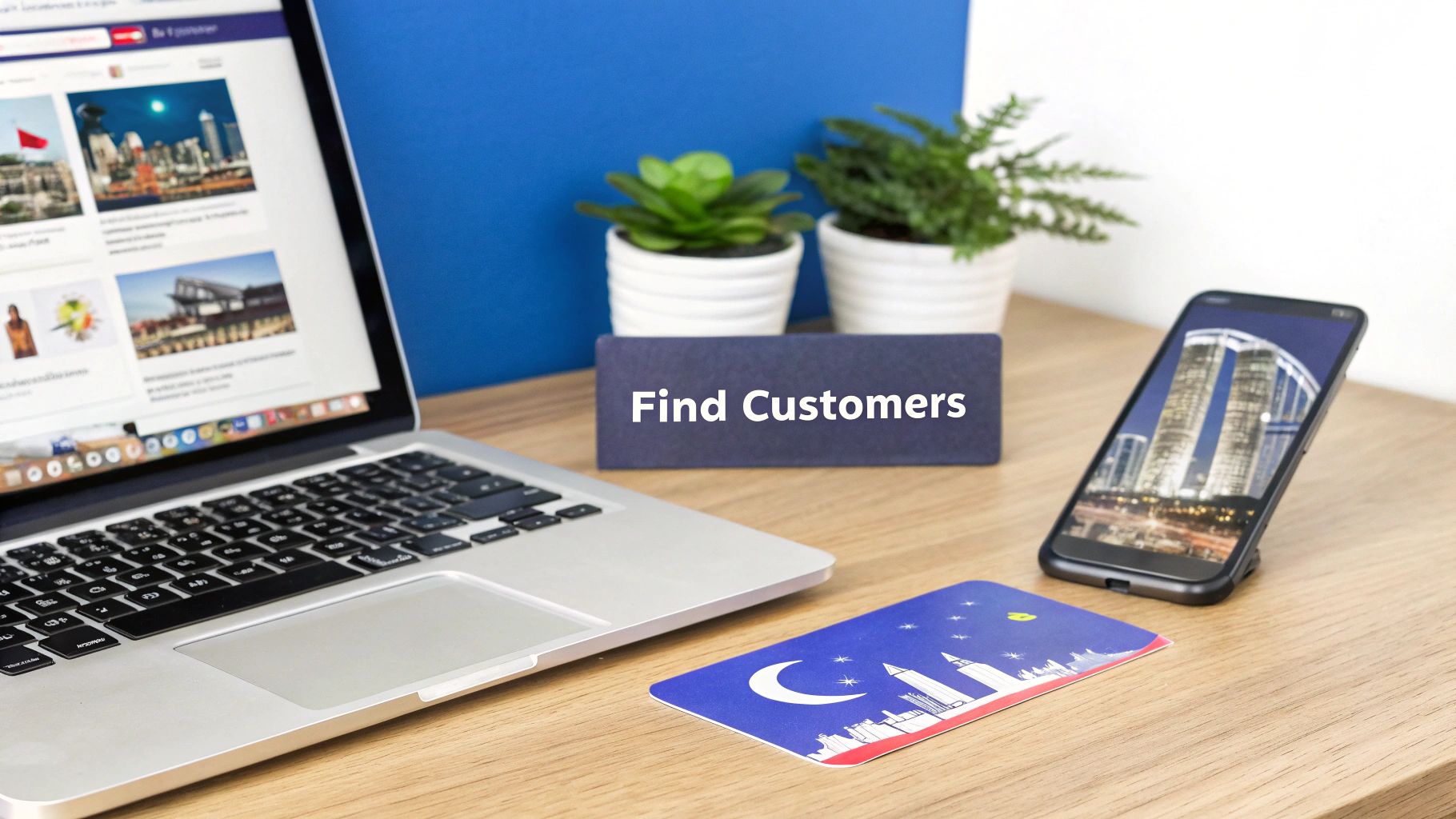 A laptop and smartphone on a wooden desk with a sign displaying &lsquo;Find Customers&rsquo; and two small plants.
