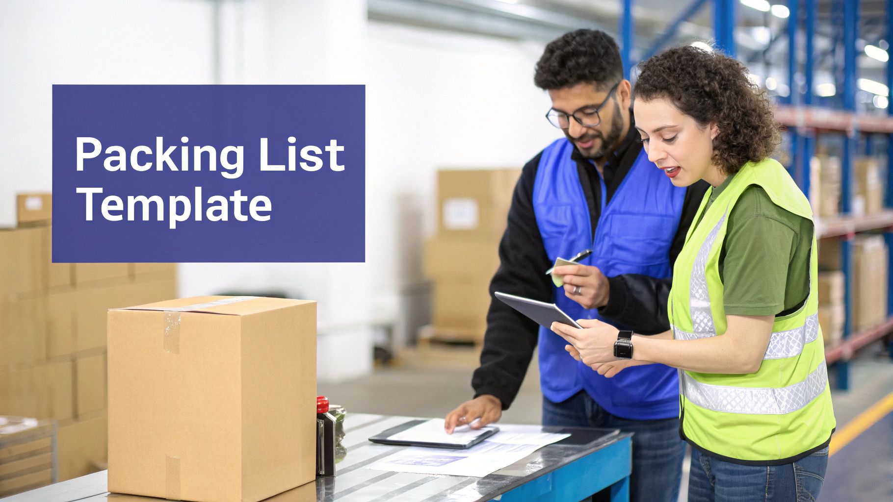 Two warehouse workers, a man and a woman, reviewing a packing list on a tablet.