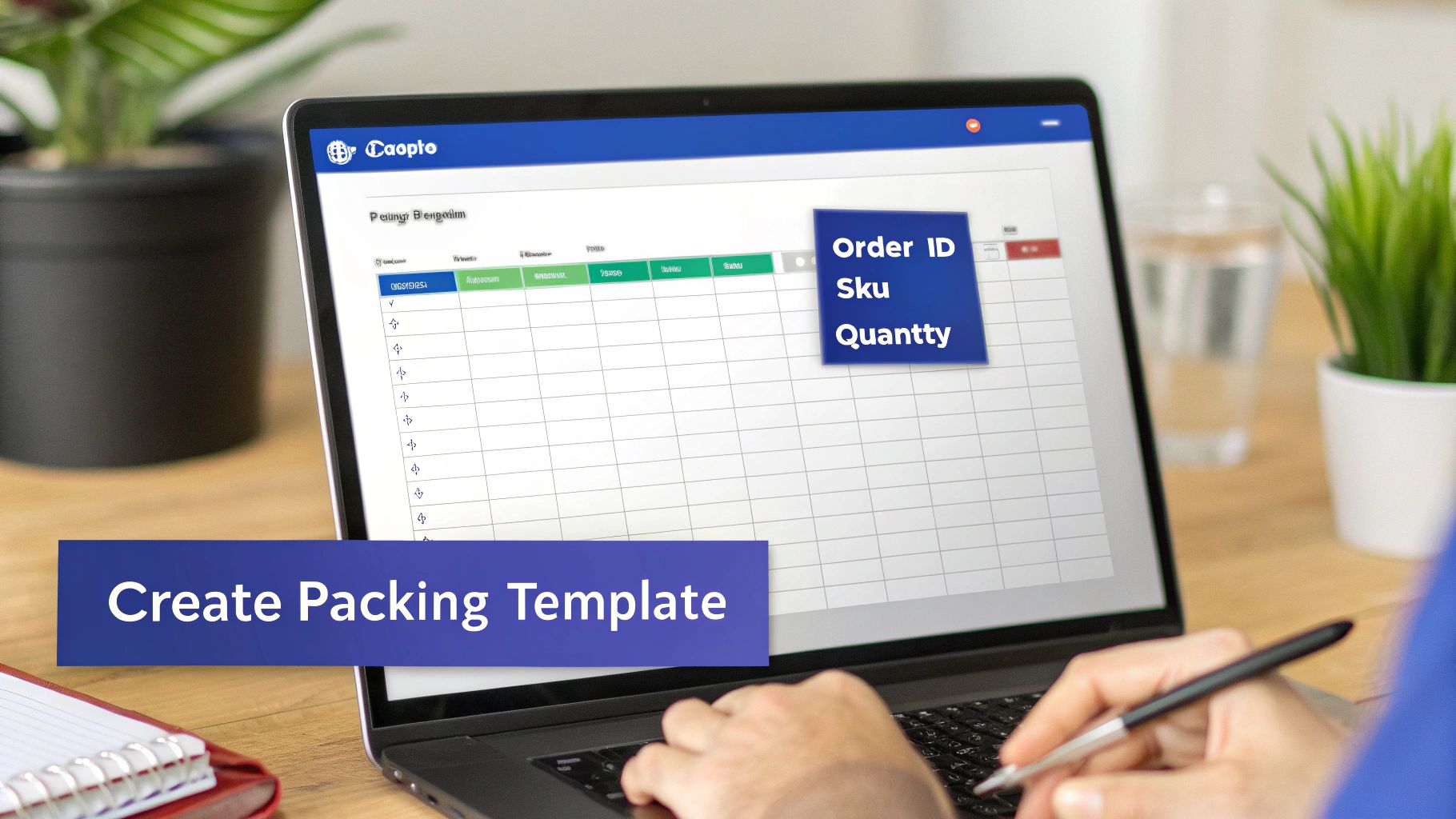 A person works on a laptop, displaying a packing list template with order details and quantities.