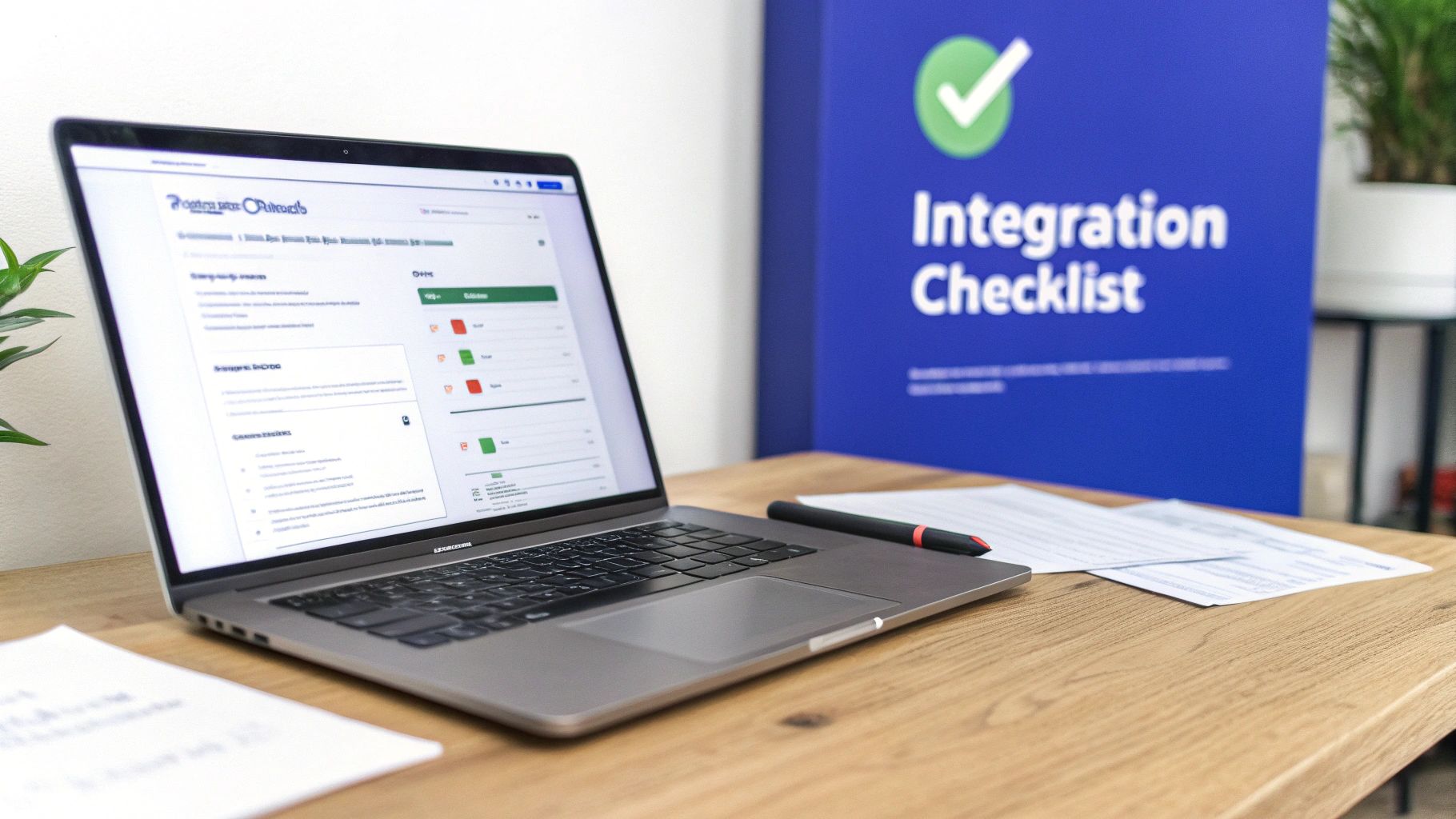 A laptop on a wooden desk displays an &lsquo;Integration Checklist&rsquo; dashboard, with a pen and papers.