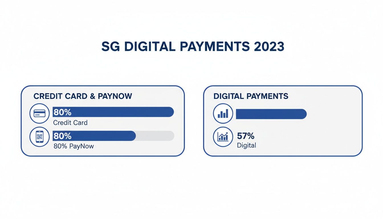 Bar chart showing SG Digital Payments 2023: Credit Card 80%, PayNow 80%, and Digital Payments 57%.