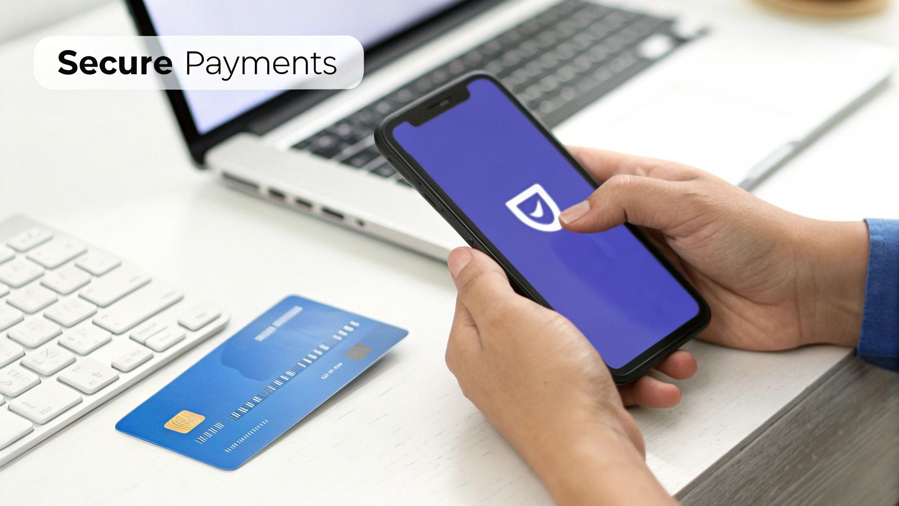 A person is making a secure online payment using a smartphone with a credit card nearby.