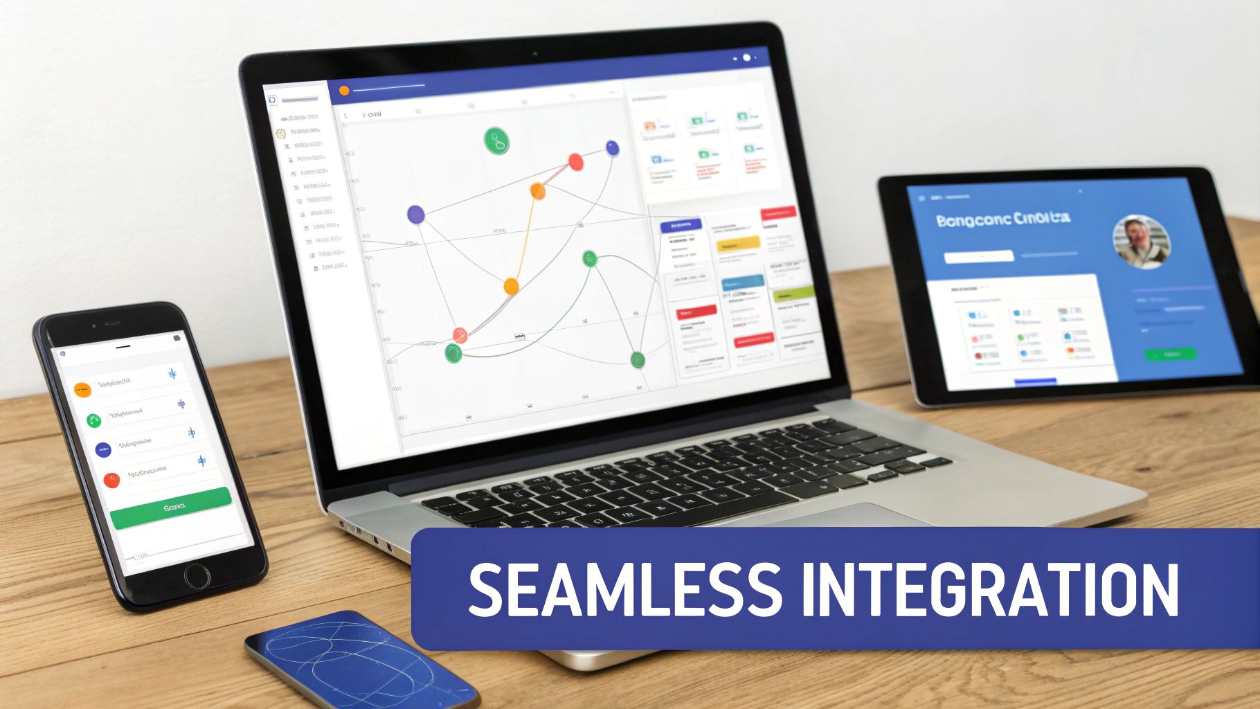 Multiple digital devices on a wooden desk, including a laptop, tablet, and smartphone, demonstrating seamless integration.