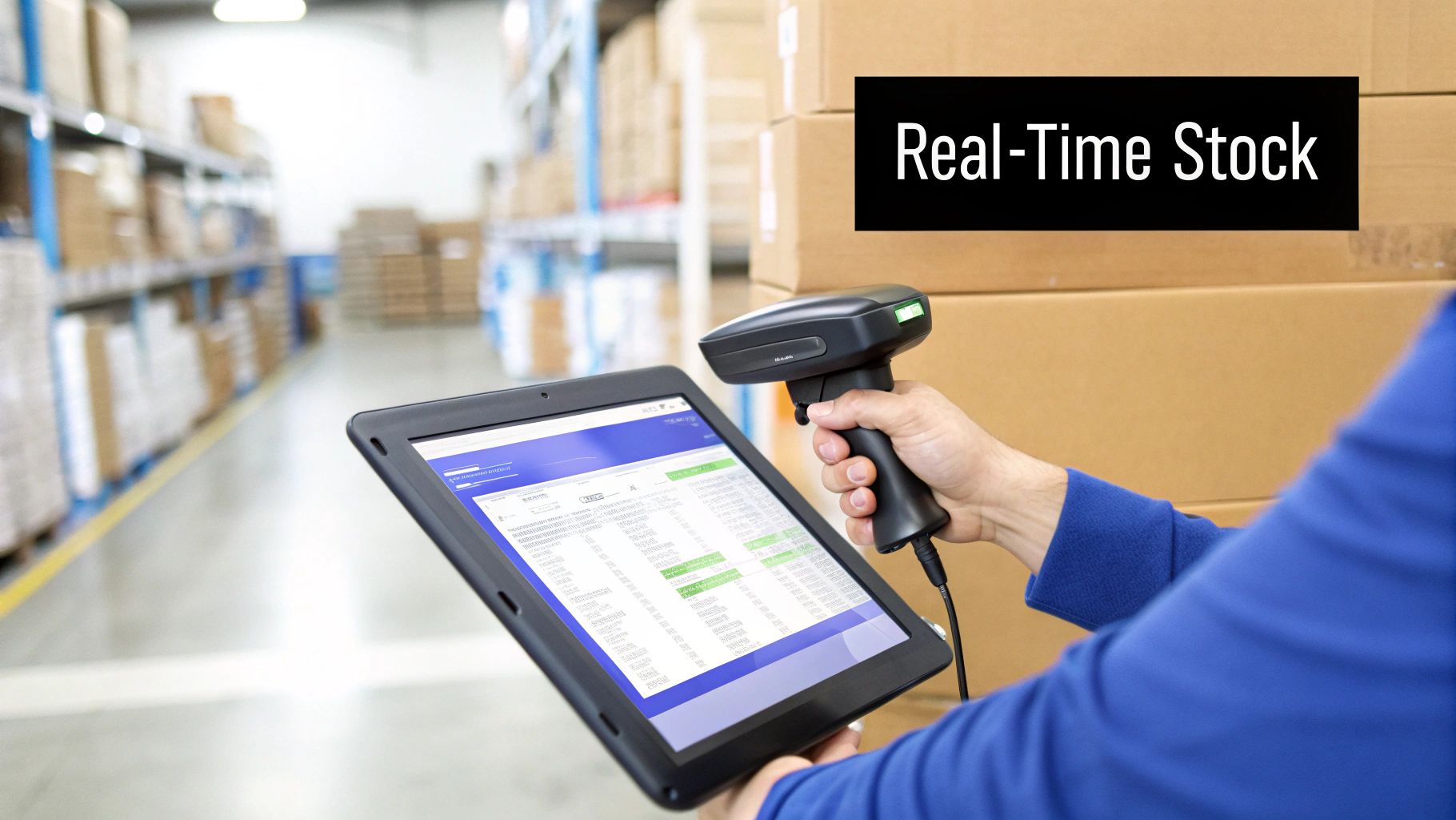Warehouse worker scanning inventory with a barcode reader and viewing real-time stock on a tablet.