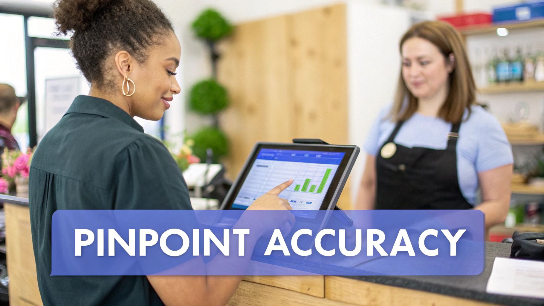 A woman points at a tablet displaying inventory charts, emphasizing pinpoint accuracy in a retail store.