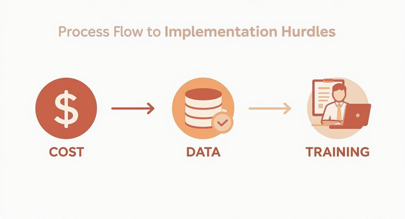 Process flow diagram showing implementation hurdles: Cost, Data, and Training, connected by arrows.