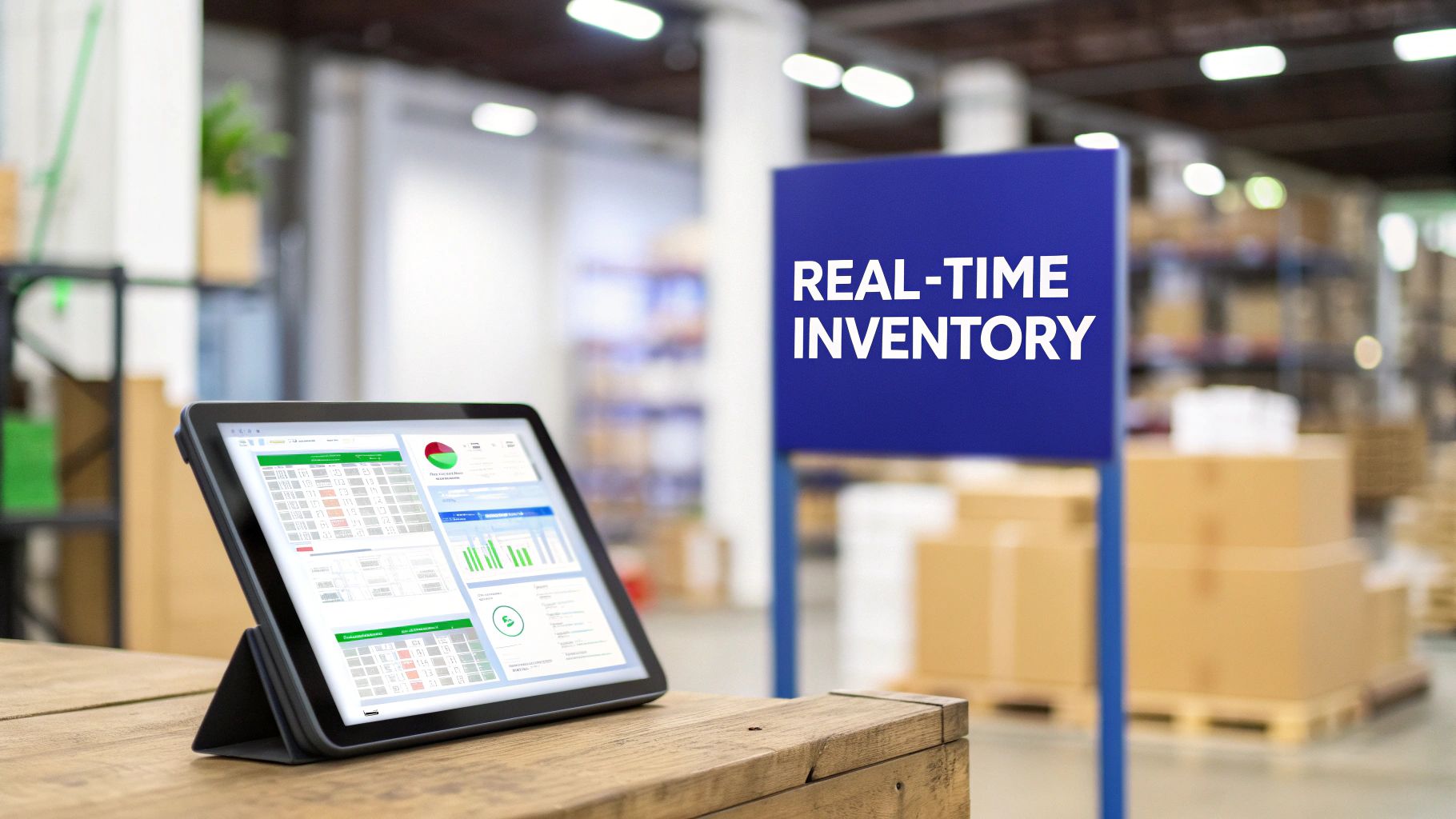 Tablet displaying a real-time inventory management dashboard in a modern warehouse environment.