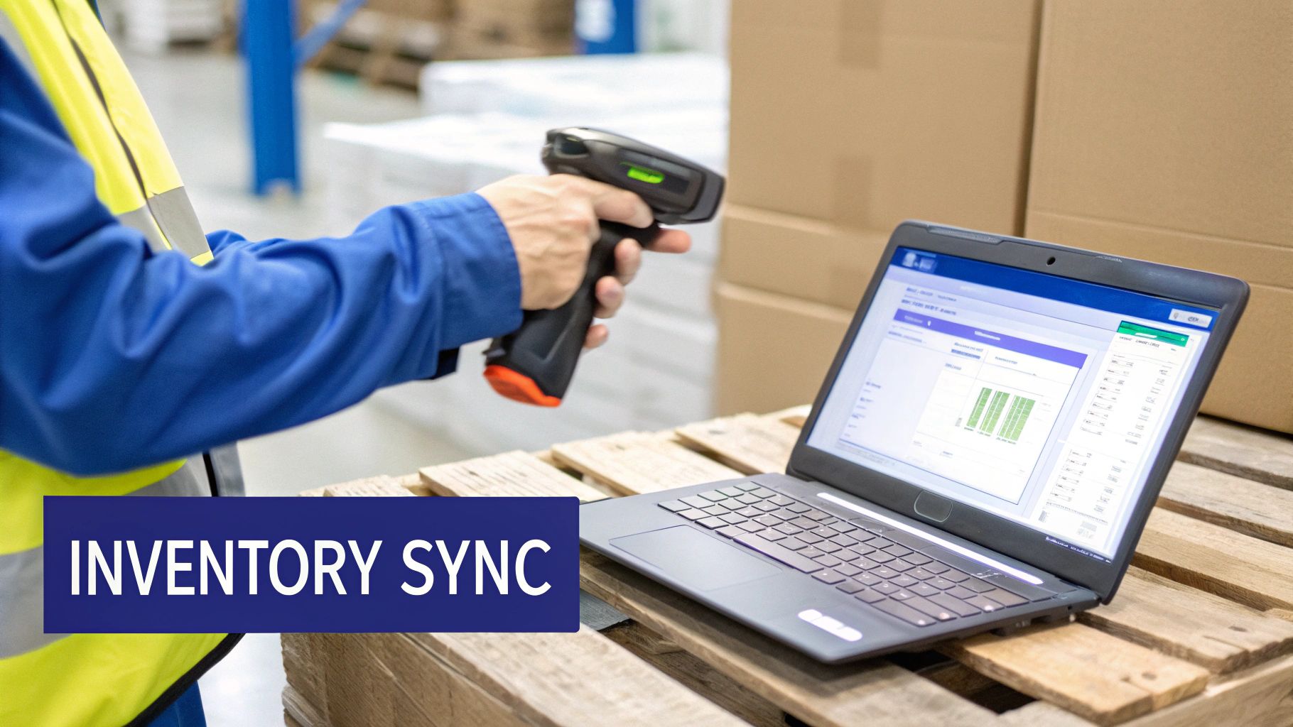 Worker in a warehouse scanning items with a barcode reader while a laptop displays inventory software.