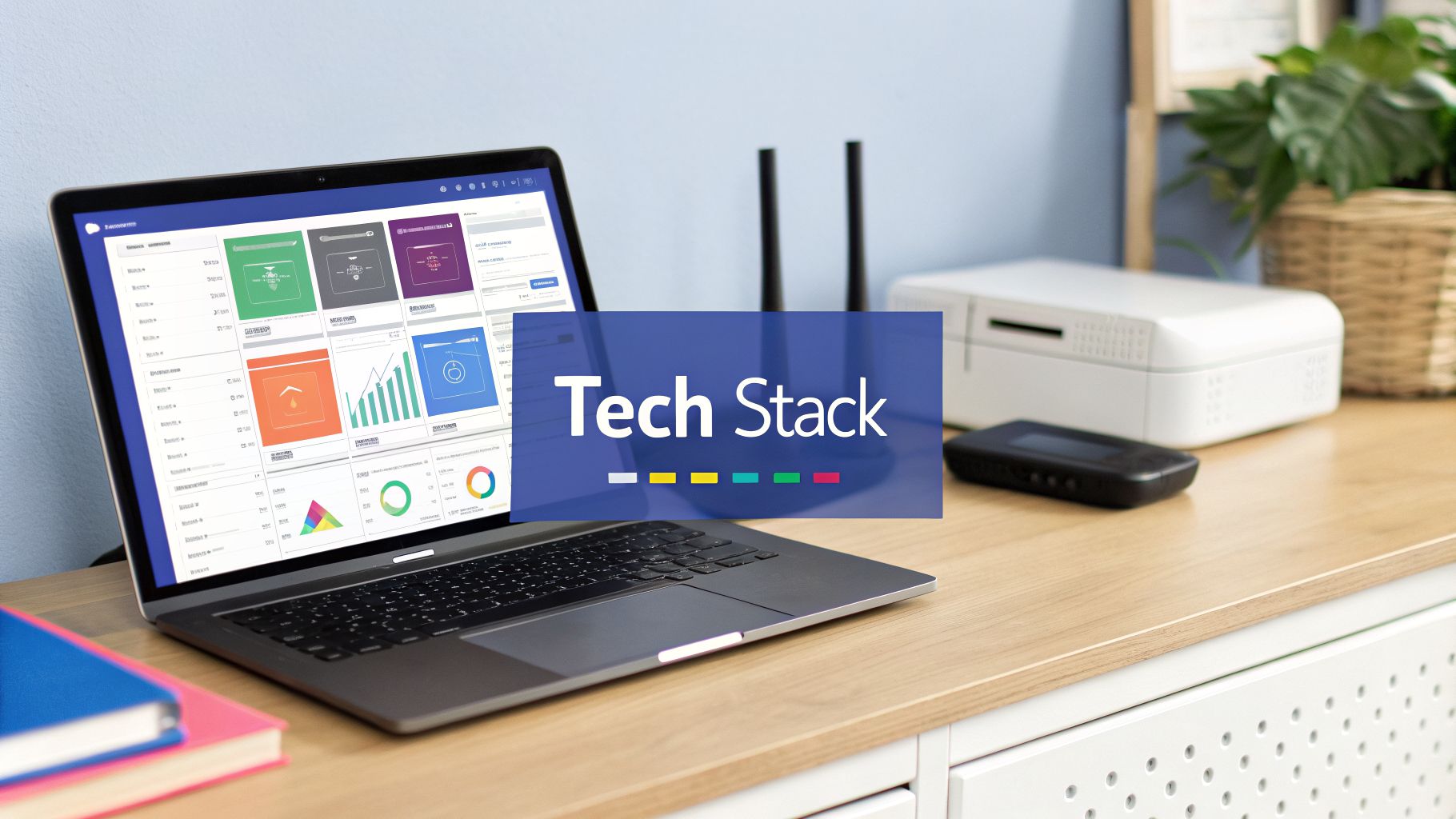 Laptop displaying a data dashboard, with a ‘Tech Stack’ banner, router, and printer on a wooden desk.