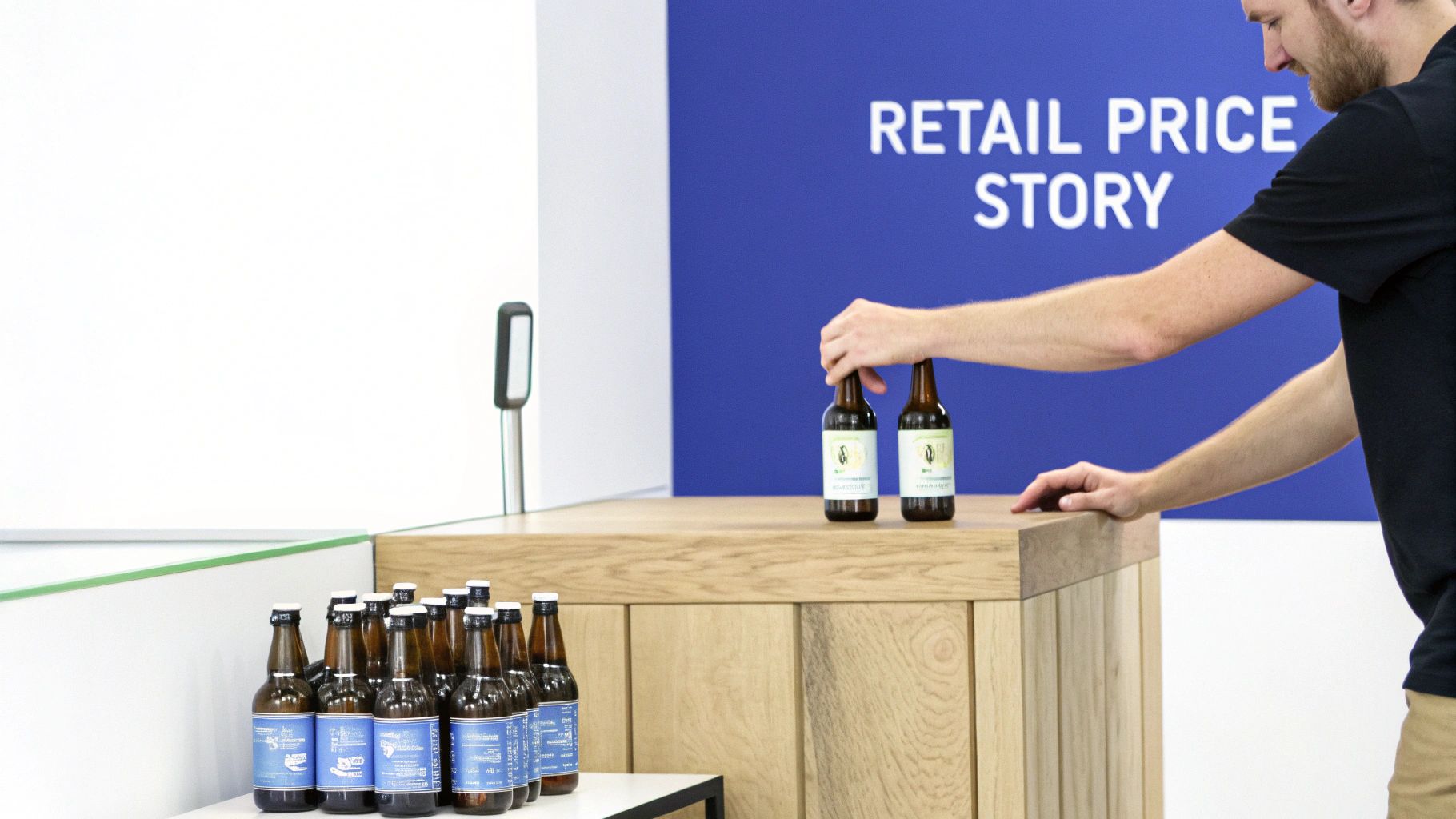 A person places green-labeled beer bottles on a wooden counter, with ‘RETAIL PRICE STORY’ on the background.