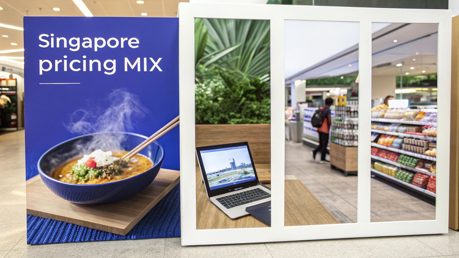 A blue sign with ‘Singapore pricing MIX’ and a bowl of noodles, next to a display showing a laptop and a grocery store.