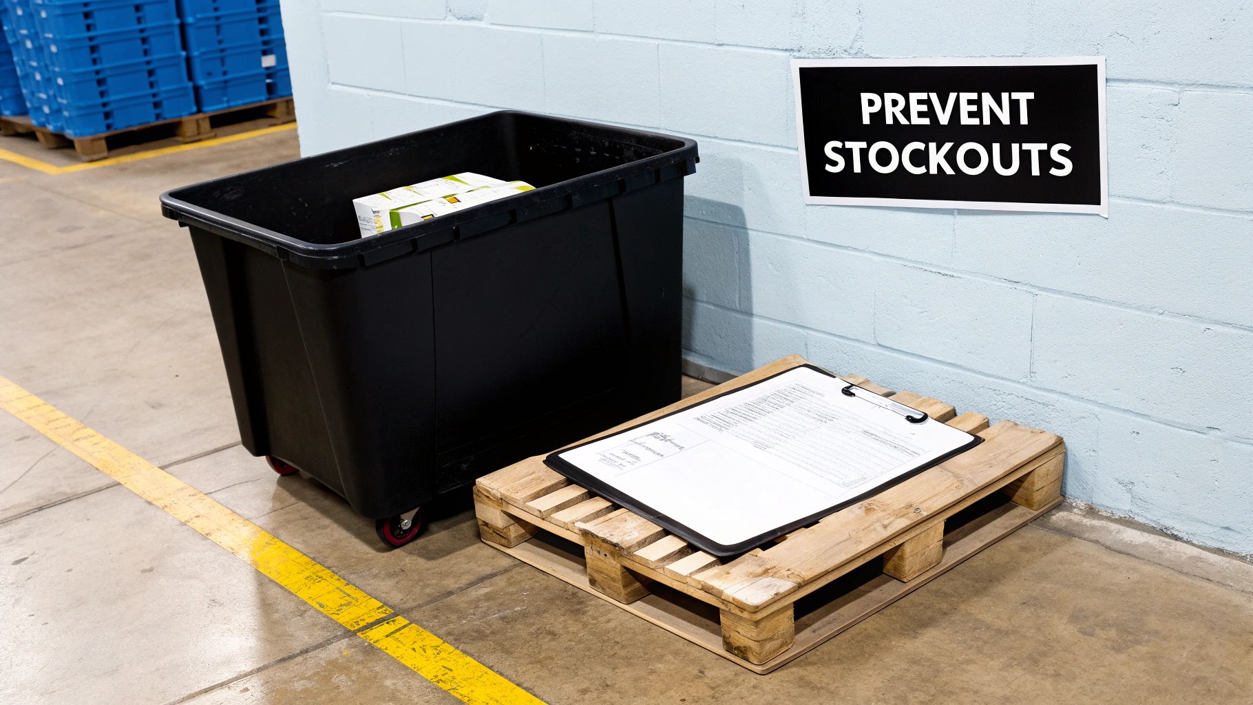 A warehouse setting with a ‘PREVENT STOCKOUTS’ sign, a black tub, and a clipboard on a pallet.