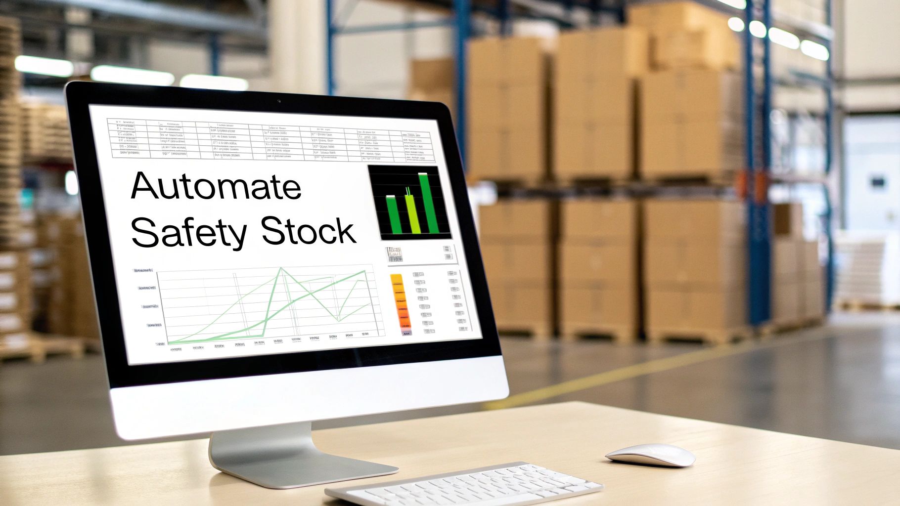 A computer monitor in a warehouse displays ‘Automate Safety Stock’ with inventory data charts.
