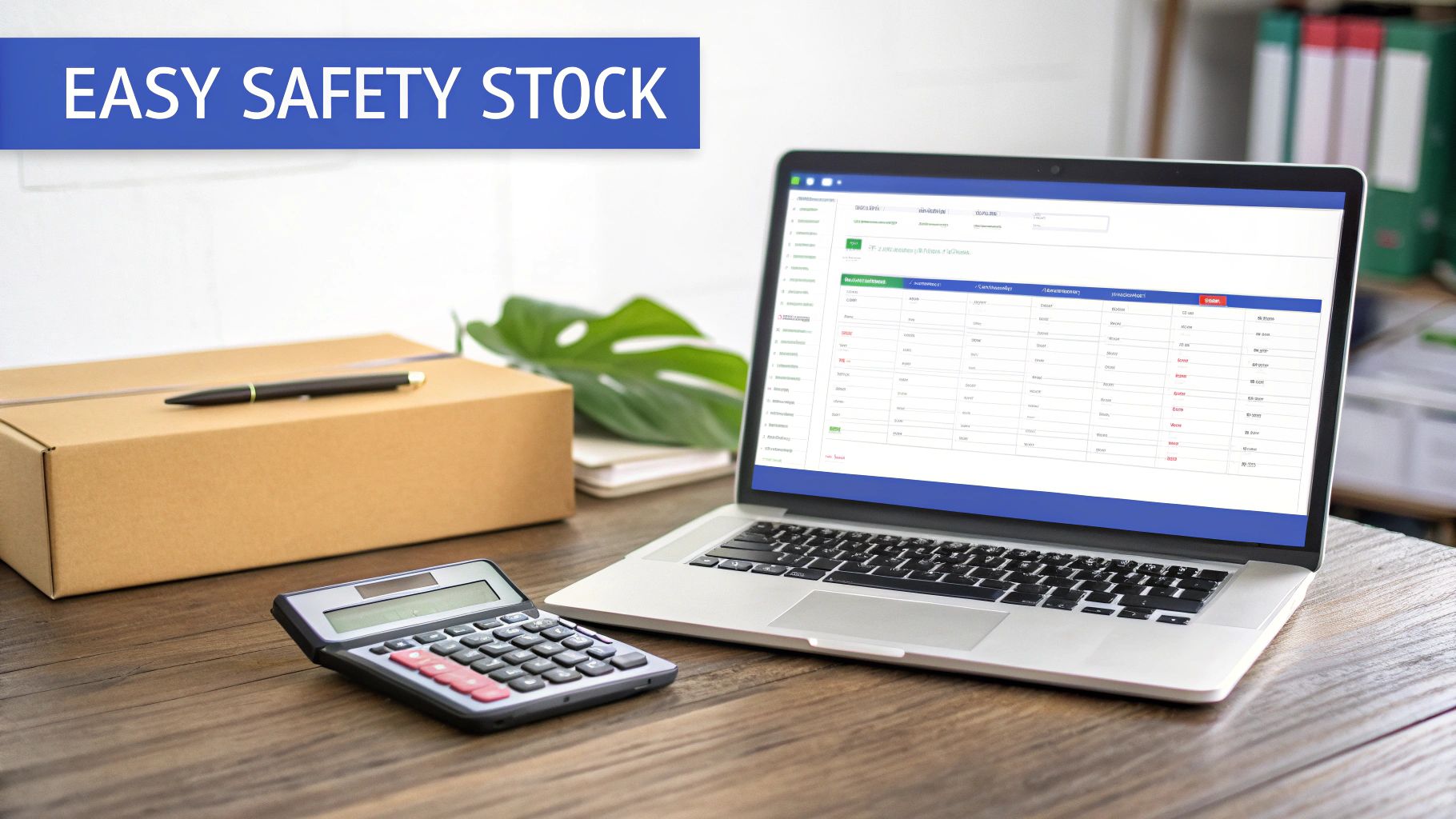 A laptop showing inventory data, a calculator, a box, and a pen on a desk, with &lsquo;EASY SAFETY STOCK&rsquo; banner.