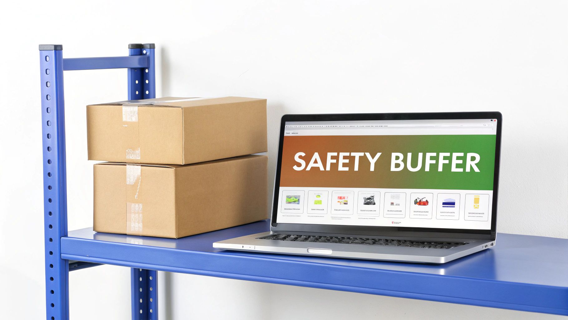 A laptop screen displays &ldquo;SAFETY BUFFER&rdquo; next to stacked cardboard boxes on a blue metal shelf.