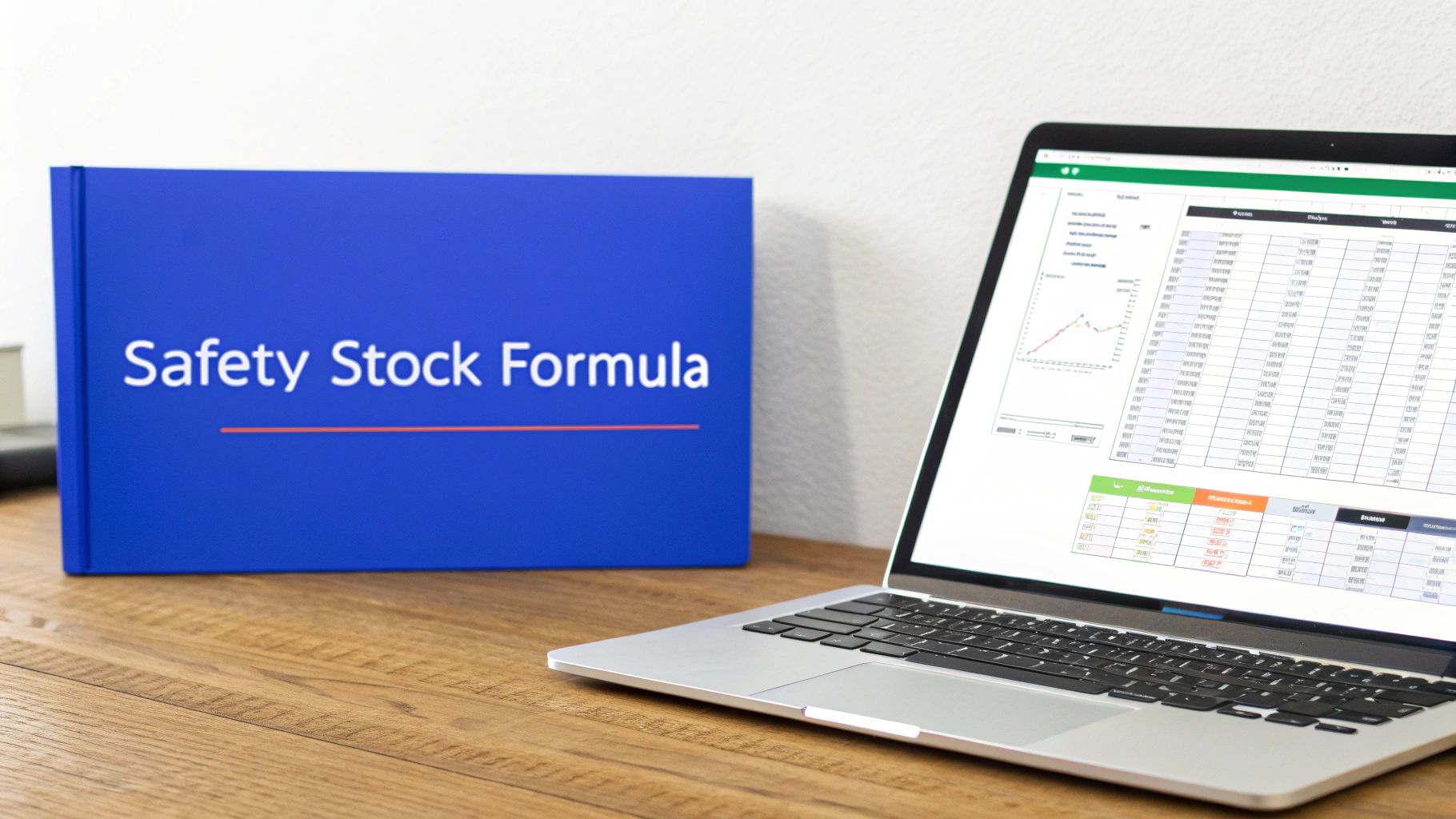 A blue book titled &lsquo;Safety Stock Formula&rsquo; next to a laptop displaying inventory data and charts.