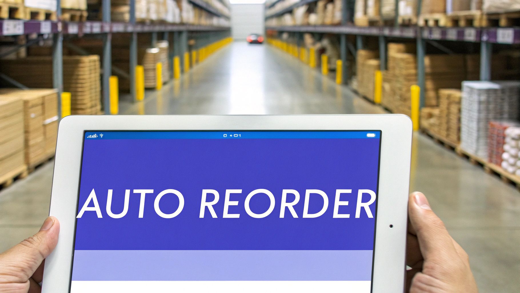 A person holds a tablet displaying &lsquo;AUTO REORDER&rsquo; in a large, organized warehouse, showing inventory management.