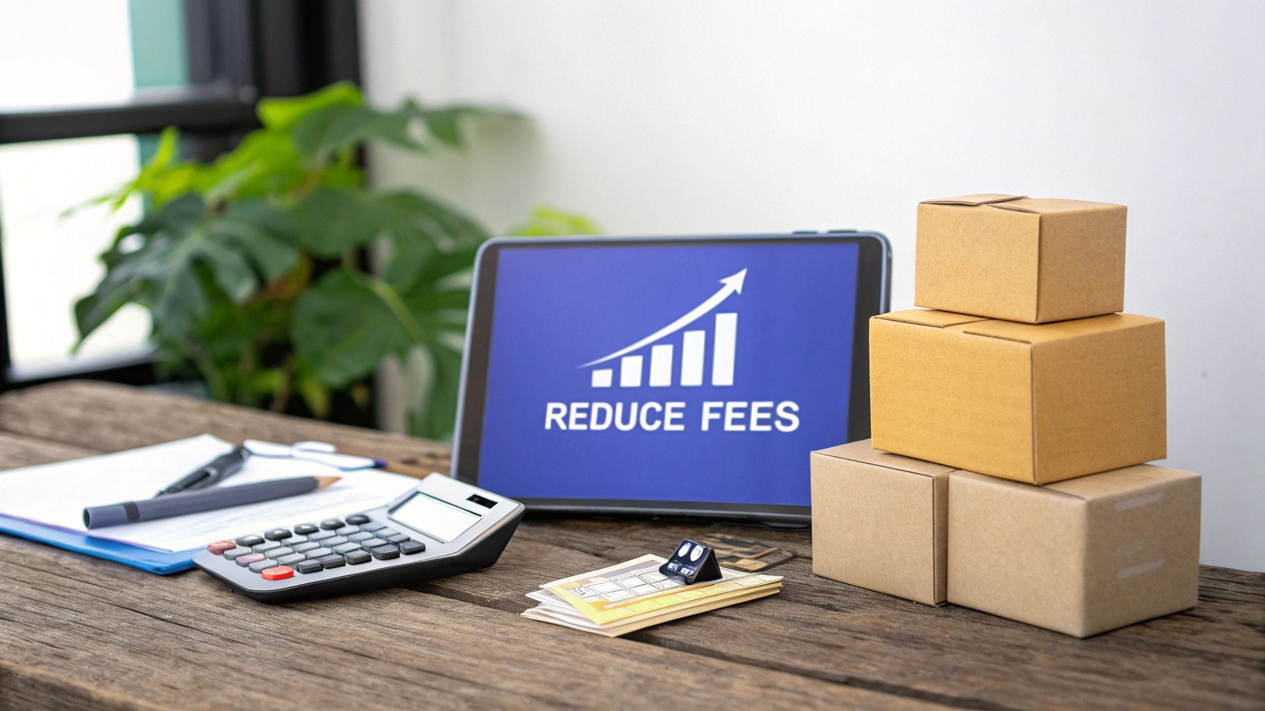Workspace with tablet displaying &lsquo;REDUCE FEES&rsquo; chart, calculator, documents, and shipping boxes, indicating business cost optimization.