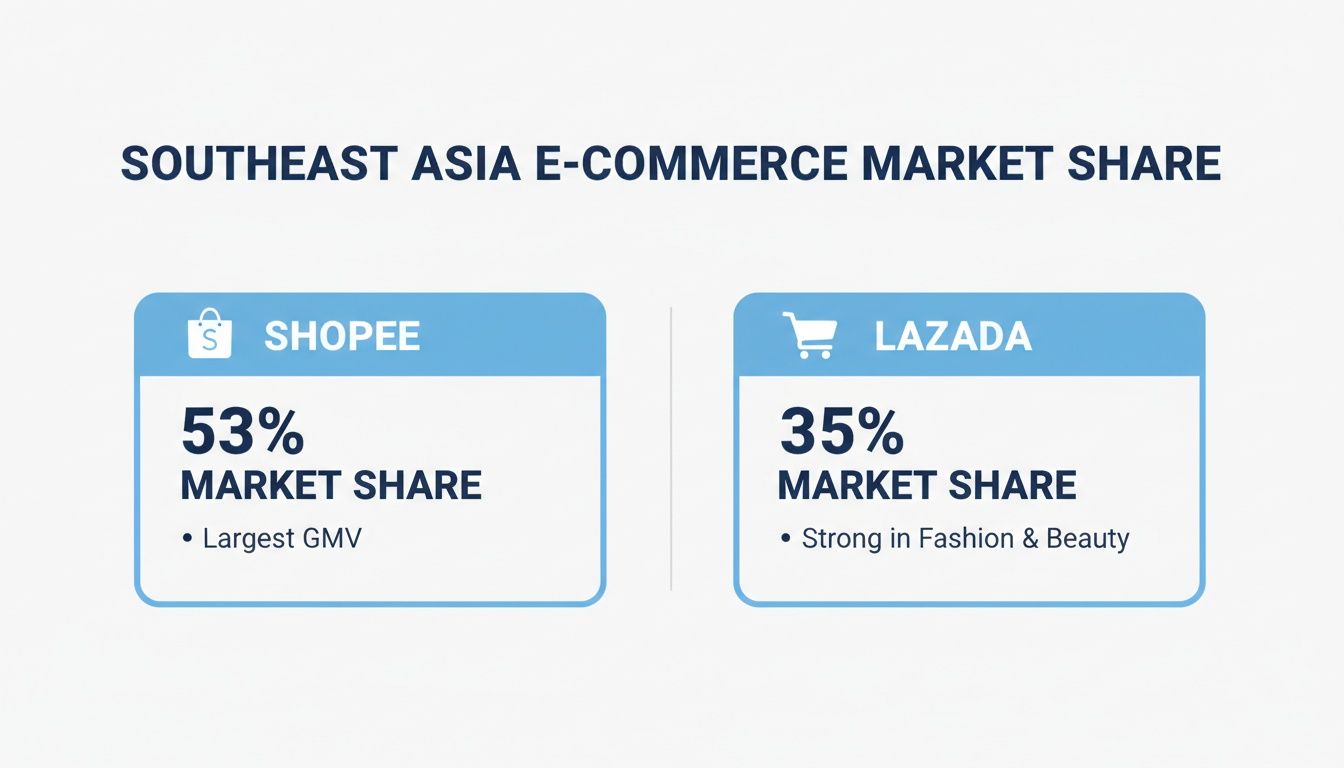 Infographic detailing Southeast Asia e-commerce market share: Shopee holds 53% (largest GMV), Lazada holds 35% (strong in fashion & beauty).