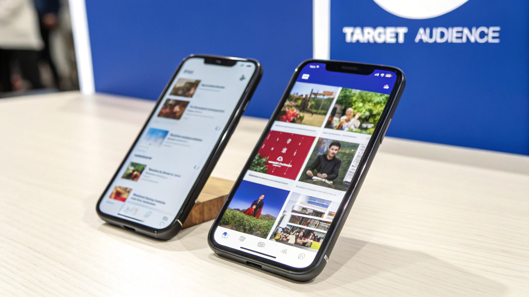 Two modern smartphones displaying various images on social media apps, with a &ldquo;TARGET AUDIENCE&rdquo; sign.