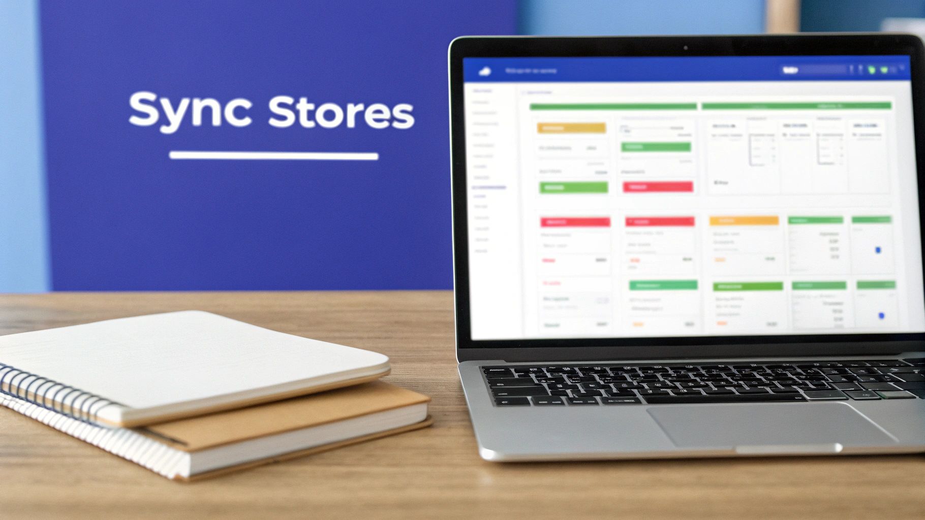 Laptop displaying a &lsquo;Sync Stores&rsquo; management dashboard next to notebooks on a wooden desk.