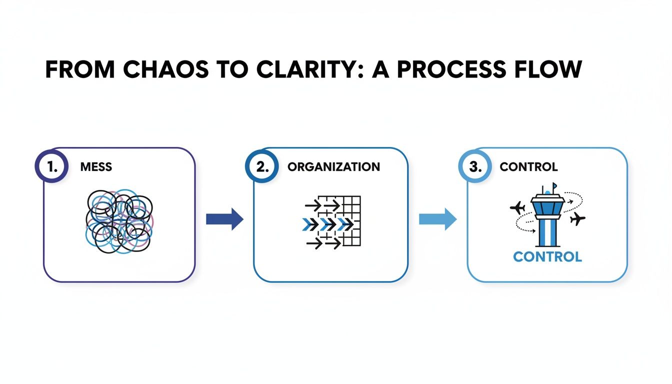 A visual diagram showing a three-step process: mess, organization, and control for clarity.