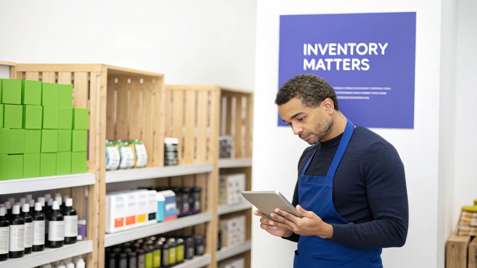 A man in a blue apron uses a tablet to manage inventory in a small business.