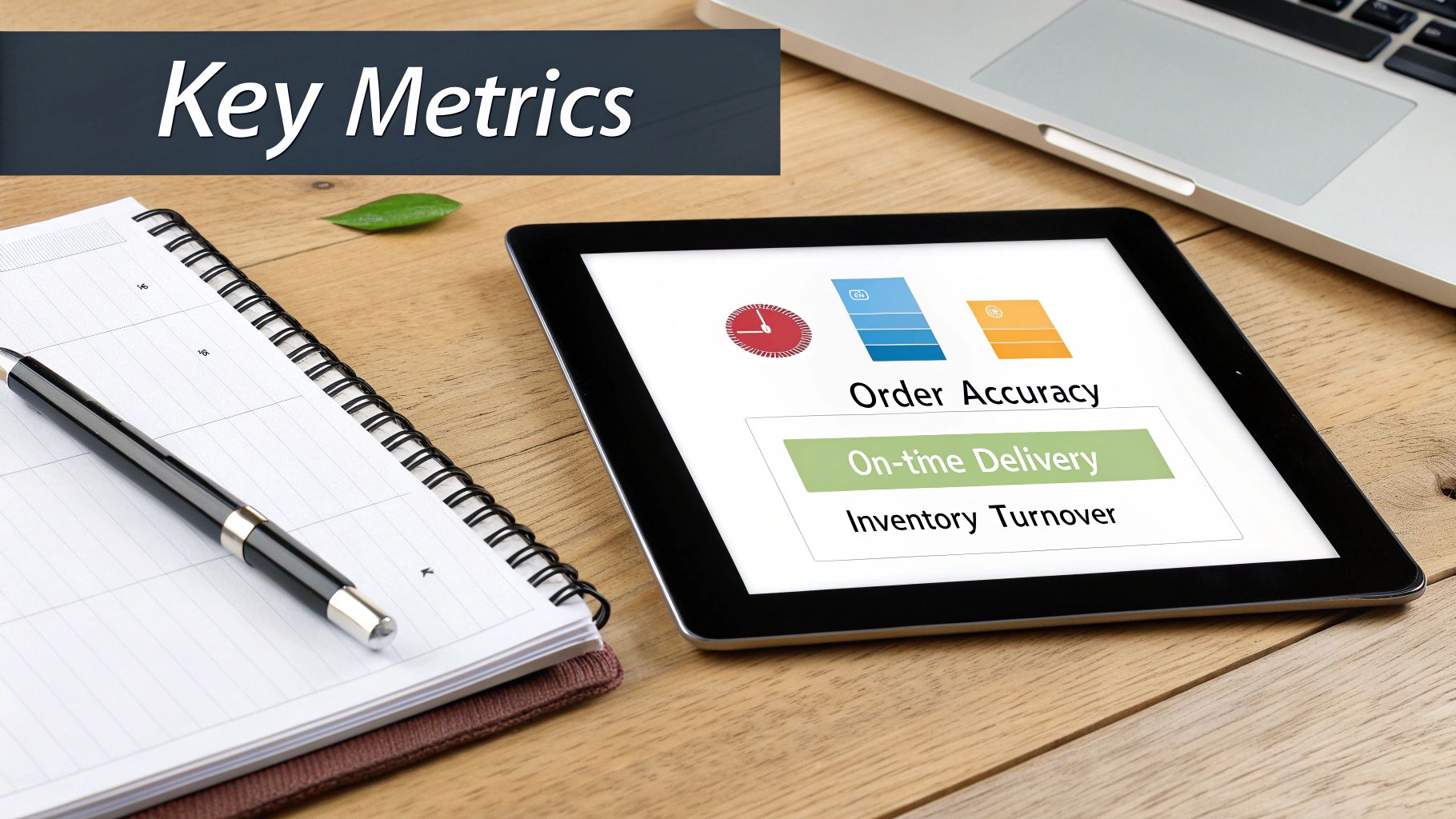 Tablet displaying supply chain key metrics, notebook, and pen on a wooden desk.