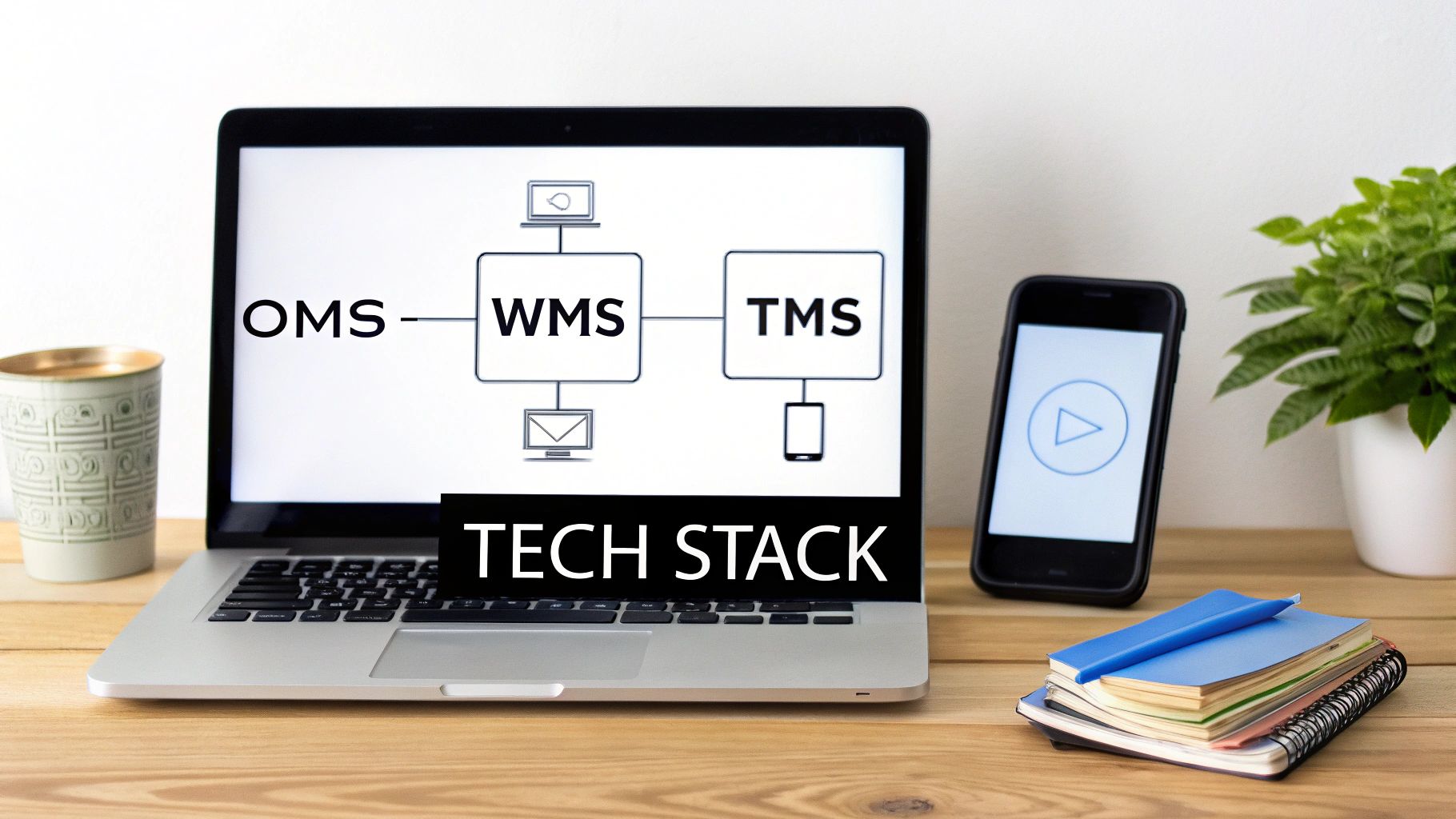 Laptop screen displays a diagram showing OMS, WMS, and TMS integrated as a supply chain tech stack.