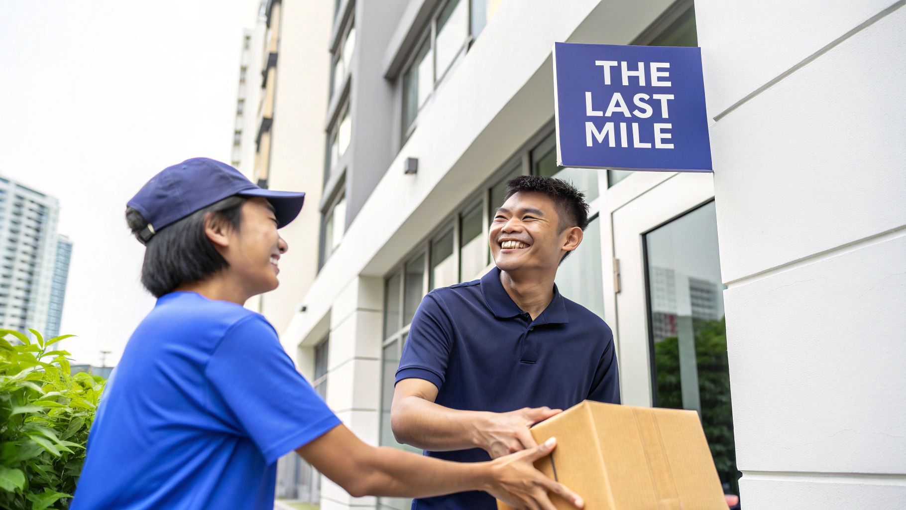 A happy delivery person hands a package to a smiling customer outside a building with &lsquo;The Last Mile&rsquo; sign.
