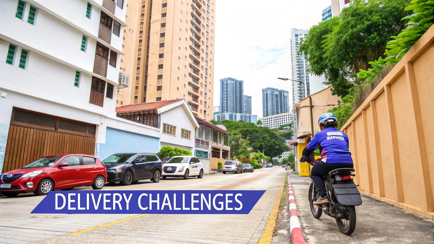 A delivery rider on a motorcycle navigates a busy urban street with parked cars and tall buildings.